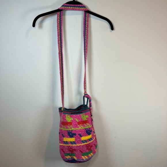 Wayuu Woven Bucket Bag Purse Pink Yellow Wood Bead Animal Print Cinch Close Boho - Picture 3 of 13